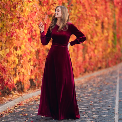 Long sleeves Round Neck Velvet Dress Simple Atmosphere Autumn Winter Bridesmaid Dress