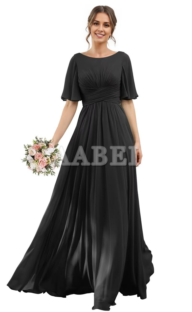Formal Wear Dresses Bridesmaid Dresses A-Line Scoop Neck Elegant Flutter Sleeve Chiffon Pleated Long Wedding Guest Dresses