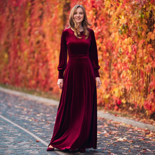 Long sleeves Round Neck Velvet Dress Simple Atmosphere Autumn Winter Bridesmaid Dress