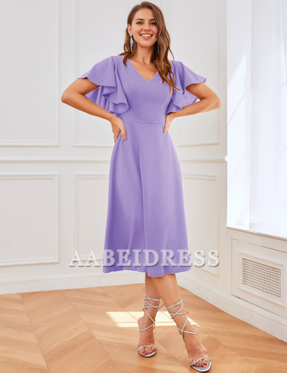 Formal Wear Dresses Bridesmaid Dresses A Line V Neck Short Sleeve Elegant Simple Tea-Length Dresses Wedding Guests Dresses