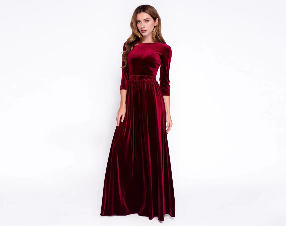 Autumn winter long sleeves velvet long dress elegant round neck bridesmaid dress