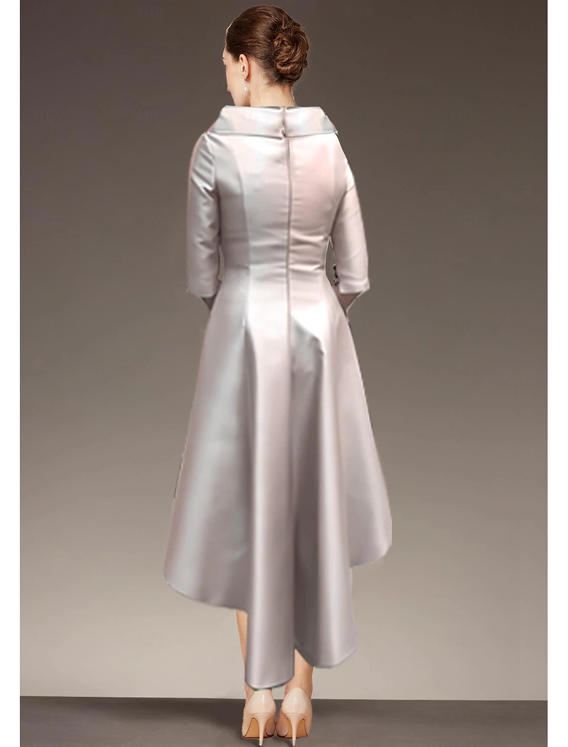 Elegant Jewel Neck Asymmetrical Satin 3/4 Length Sleeve with Draping Mother of the Bride Dress