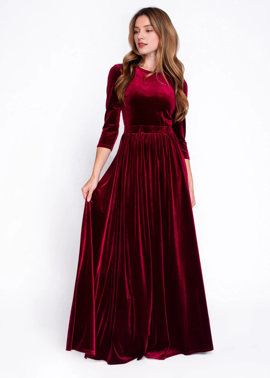 Autumn winter long sleeves velvet long dress elegant round neck bridesmaid dress