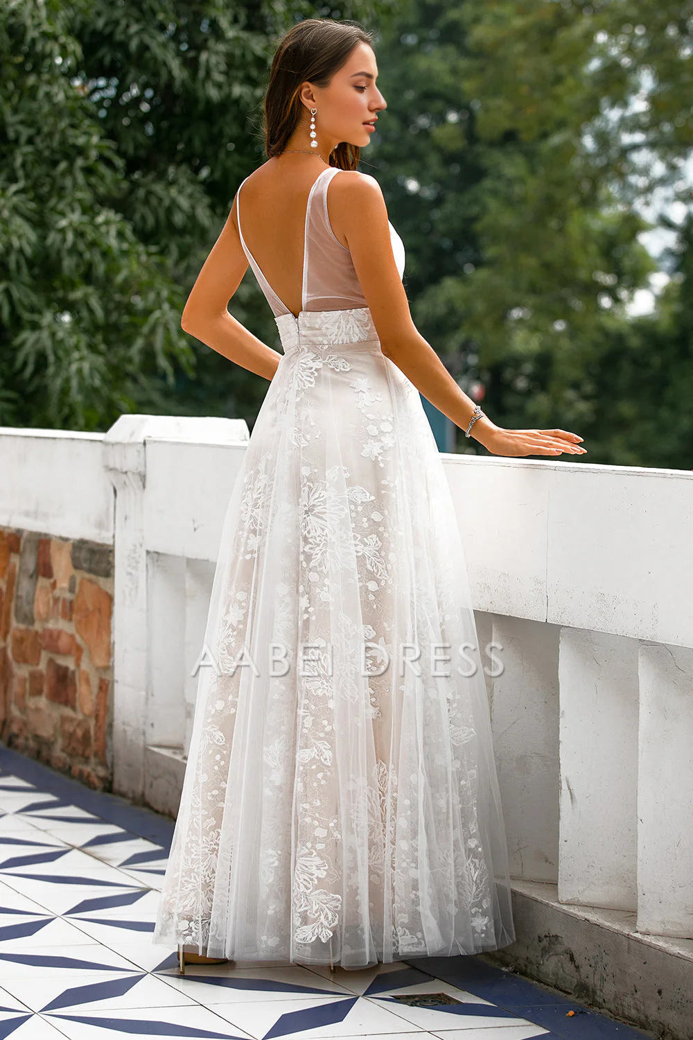 AABEI DRESS Hot Sale Prom Dress A Line Sleeveless V Neck Flower Backless Fashion Long Party Dress