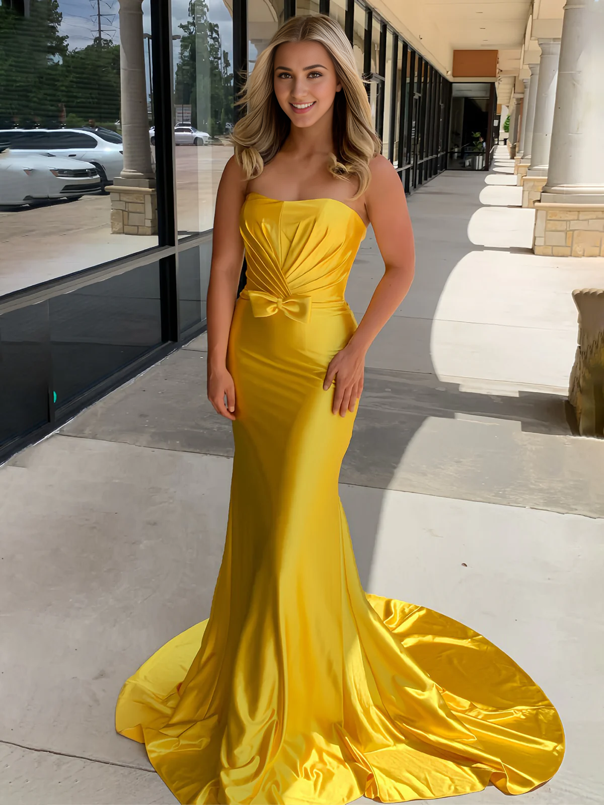 Evening Dress Strapless Bow Mermaid Cultivate oneself Sweep Train Prom Dress High Quality Charming Formal Women's Dresses