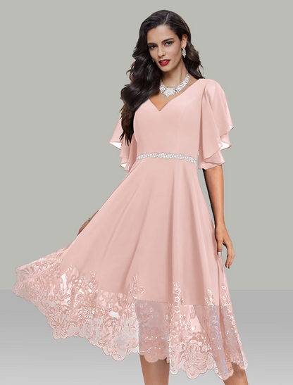 A-Line Wedding Guest Dresses Elegant Dress Cocktail Party Tea Length Short Sleeve V Neck Belt / Sash Chiffon with Rhinestone Glitter Embroidery