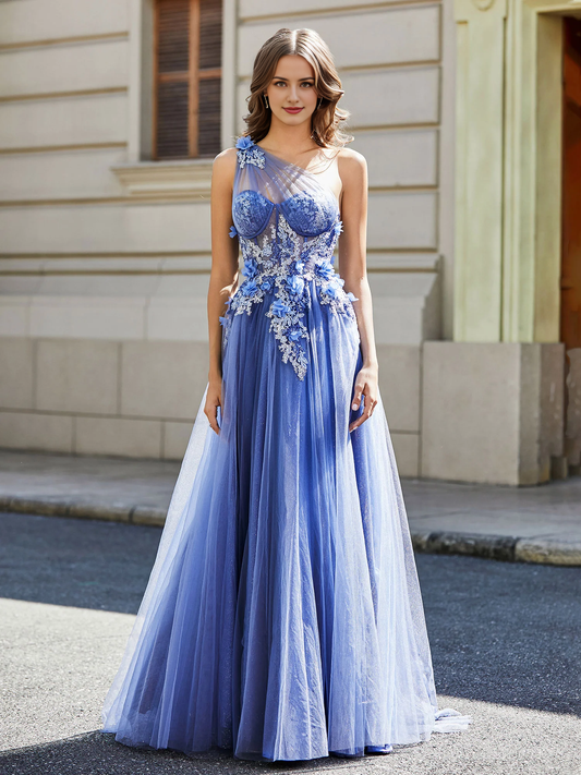 Prom Dress Flower Applique Bodice High Slit Tulle Dress