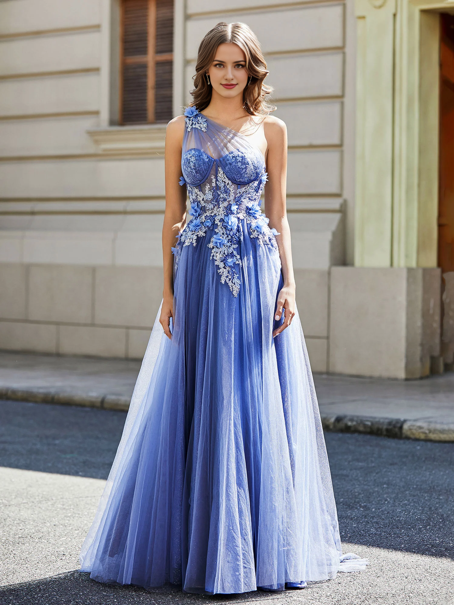 High Slit Prom Dress Flower Applique Bodice Tulle Dress