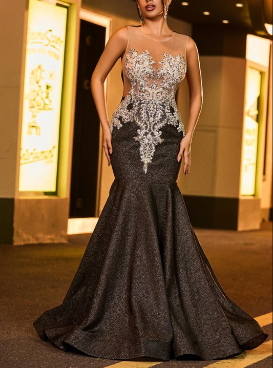 AABEI DRESS Mermaid Sleeveless Applique Backless Sweep Train High Quality Luxurious Evening Dress