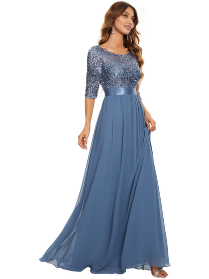 Mother of The Bride Dress Women's Elegant A Line Crew Neck Half Sleeve Sequin Maxi Evening Dress Wedding Guest Dress