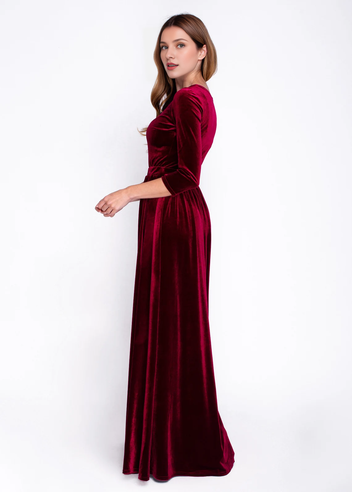 Autumn winter long sleeves velvet long dress elegant round neck bridesmaid dress