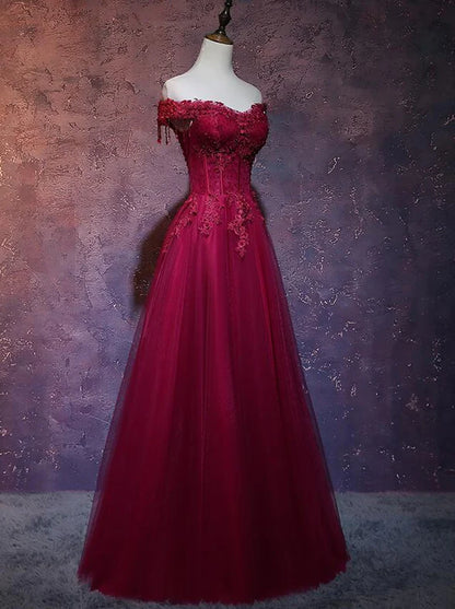 Beautiful Wine Red Tulle Sweetheart Long Prom Dress, A-line Party Dress