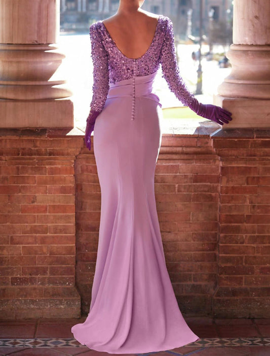 Wedding Reception Floor Length Long Sleeve Jewel Neck Sequined with Bow(s) Pearls Evening Gown Elegant Dress Formal