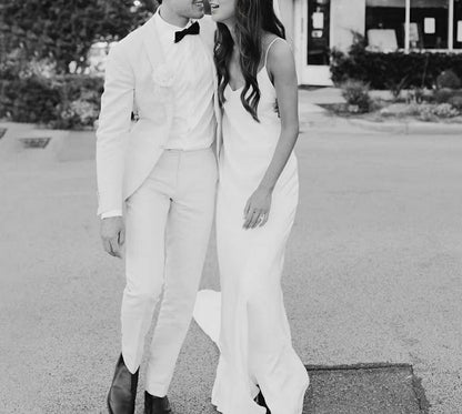 Beach Open Back Sexy Casual Wedding Dresses Court Train Mermaid / Trumpet Sleeveless Spaghetti Strap V Neck Stretch Fabric With Pearls