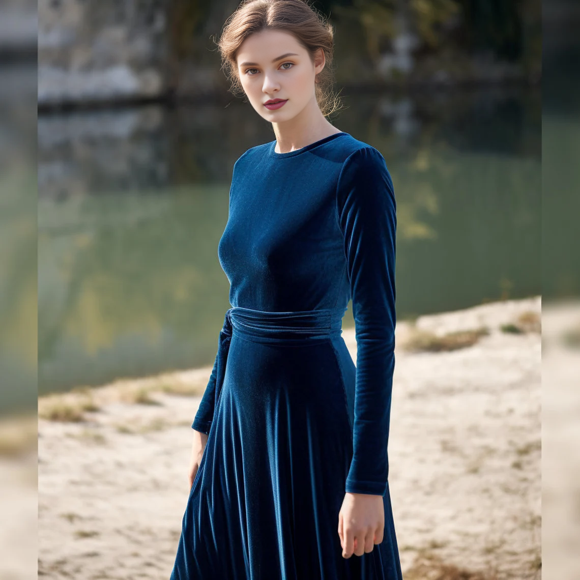 Autumn Winter Fashion Wedding Party Dress Long Sleeves Crew Neck Velvet Dress Lace Up Bridesmaid Dress