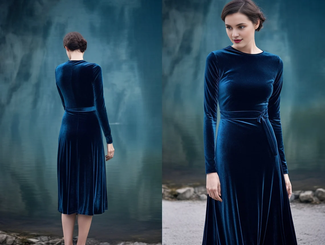 Autumn Winter Fashion Wedding Party Dress Long Sleeves Crew Neck Velvet Dress Lace Up Bridesmaid Dress