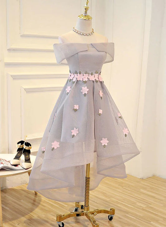 Light Grey Tulle with Flowers High Low Fashionable Party Dress, Grey Homecoming Dresses