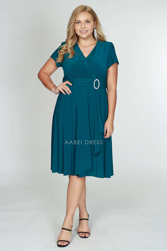 AABEI DRESS Formal Wear Dresse V Neck Short Sleeve Ruched Tea-Length Beautiful Modest Plus Size Mother Of The Bride Dress