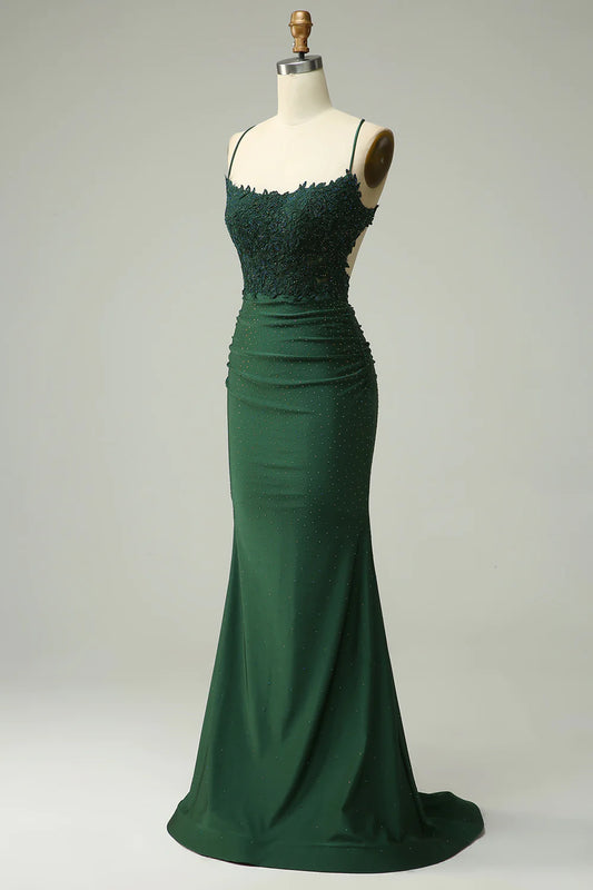 Mermaid Halter Dark Green Long Prom Dress with Appliques Beading