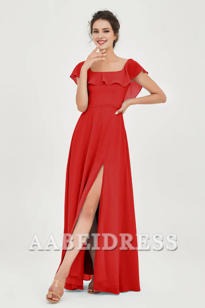 AABEI DRESS Bridesmaid Dresses Chiffon A-Line Square Neckline Flutter Sleeves Ruffle Side Fork Elegant Simple Wedding Guests Dresse