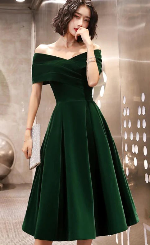 Green Velvet Off Shoulder Vintage Style Bridesmaid Dress, Tea Length Party Dress