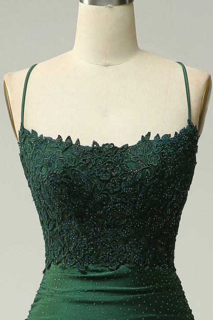 Mermaid Halter Dark Green Long Prom Dress with Appliques Beading