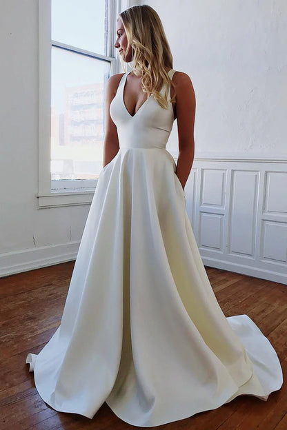 Wedding Dress A-Line V-Neck White Long with Bow-Knot