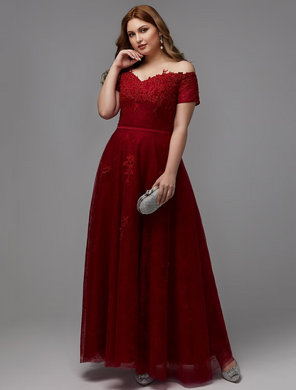 A-Line Plus Size Dress Wedding Guest Floor Length Short Sleeve Off Shoulder Lace Lace-up with Beading Appliques Evening Dresses