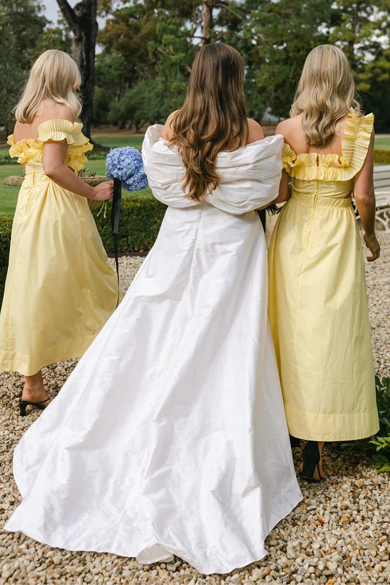 Bridesmaid Dresses Off the Shoulder Ruffle Satin Ankle Length