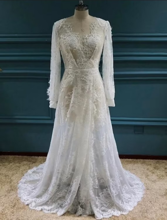 Beach Sexy Wedding Dresses Sweep / Brush Train A-Line Long Sleeve V Neck Lace With Appliques Split Front&nbsp;