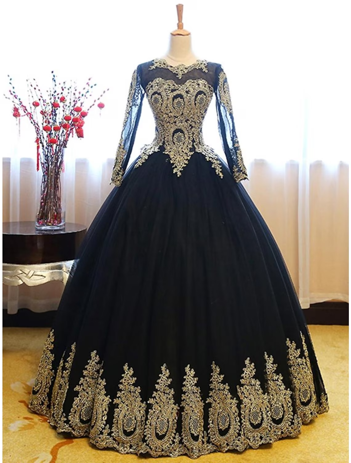 Ball Gown Luxurious Vintage Quinceanera Formal Evening Dress Jewel Neck Long Sleeve Floor Length Lace with Appliques