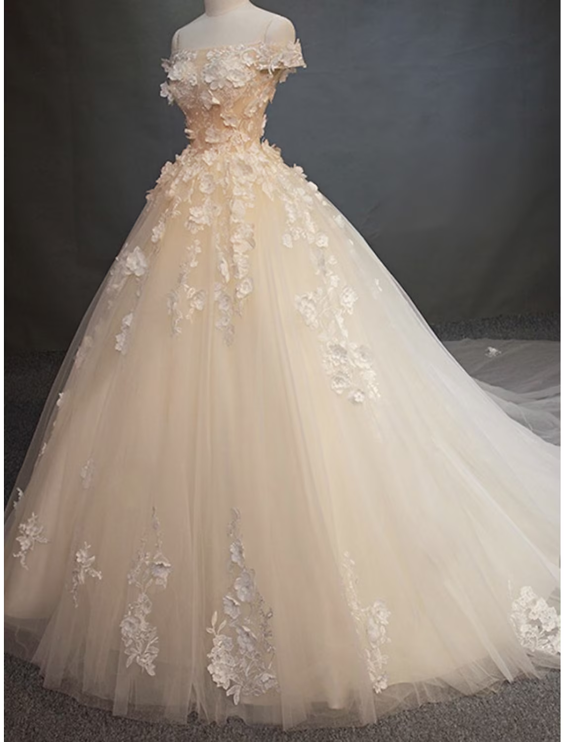 Engagement Vintage Formal Wedding Dresses Chapel Train Ball Gown Cap Sleeve Off Shoulder Tulle With Pearls Appliques