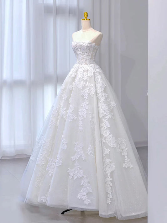 Formal Dress A-Line Tulle Lace Sweep Train Long Dress Wedding Dress