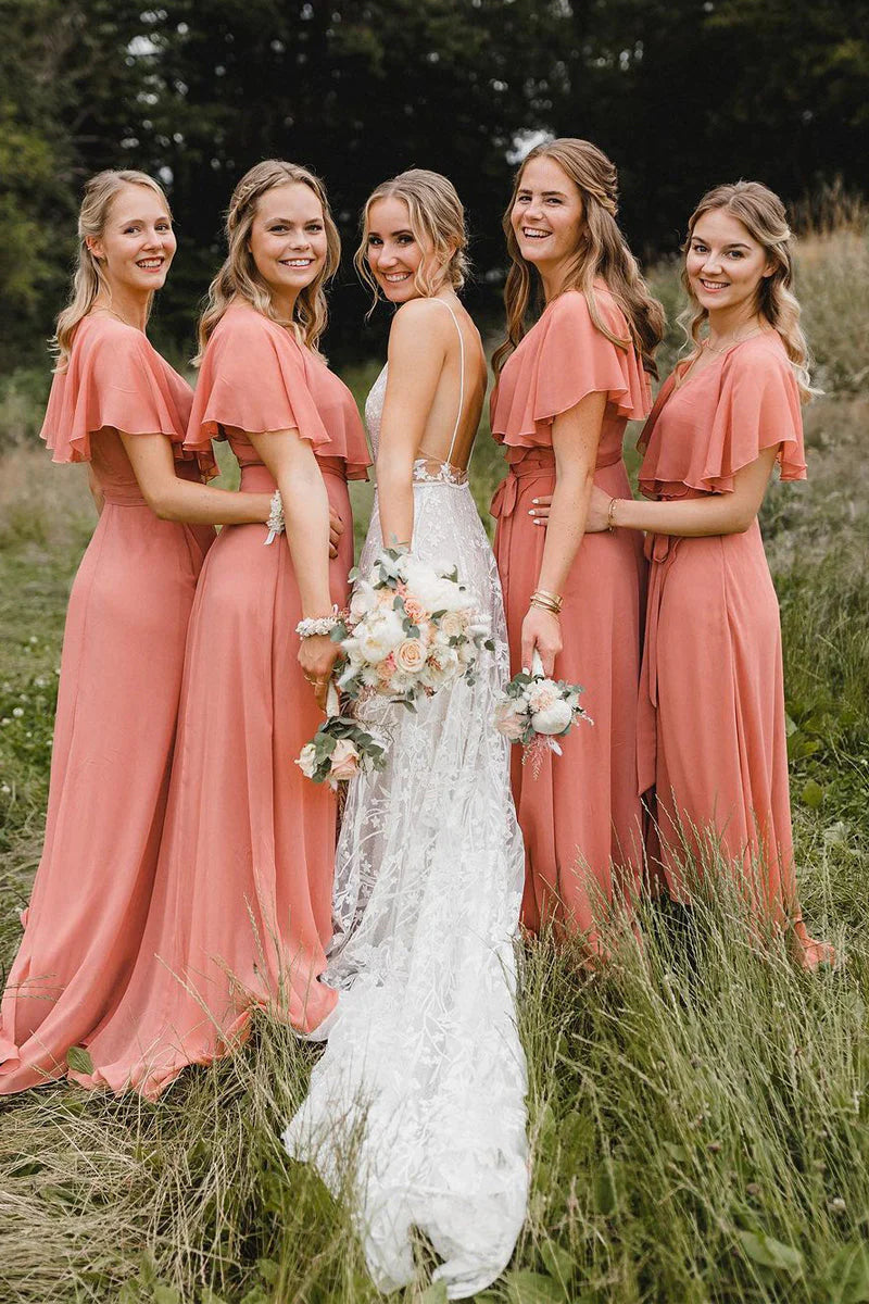 Bridesmaid Dresses Simple A-Line Coral Chiffon Long