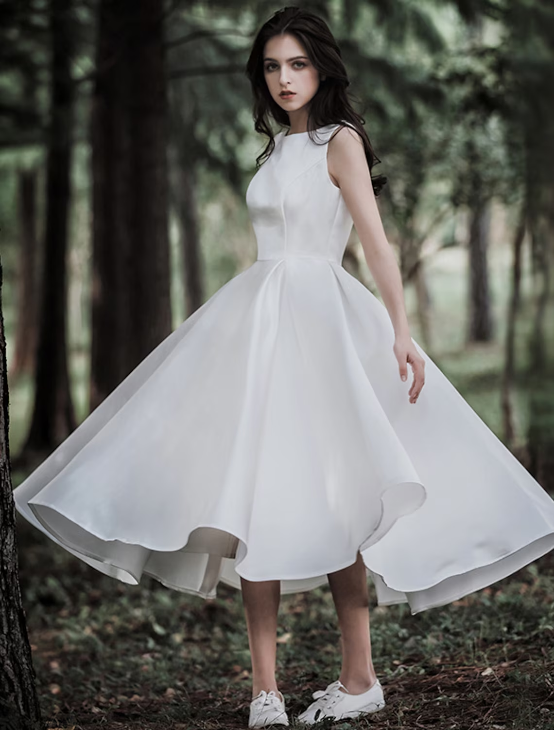 Bridal Shower Little White Dresses Wedding Dresses Tea Length A-Line Sleeveless Jewel Neck Satin With Solid Color