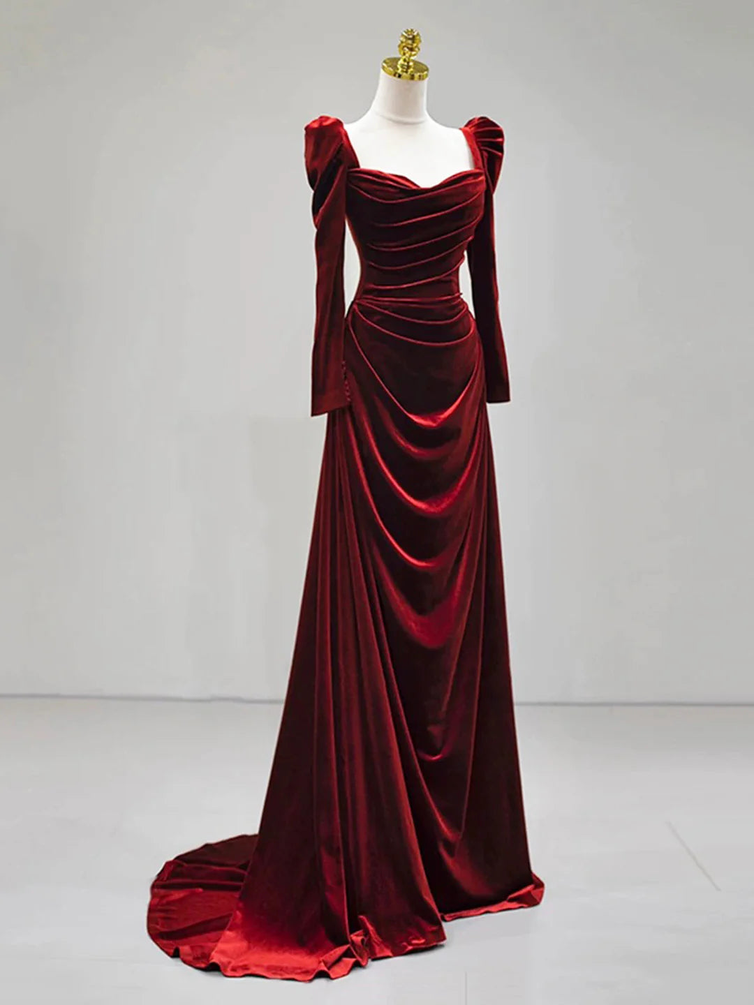 Autumn Winter Velvet Elegant Dress Long Sleeve Pleats Square Neck Gorgeous Evening Dress