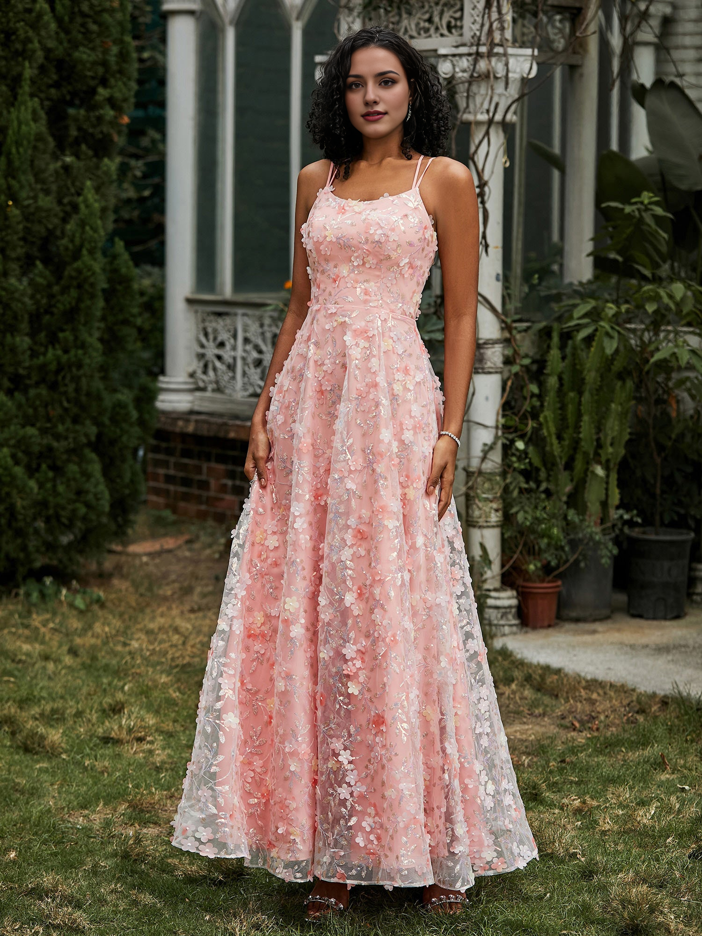 Prom Dress Spaghetti Straps Lace-Up Flowers Appliqued Dress