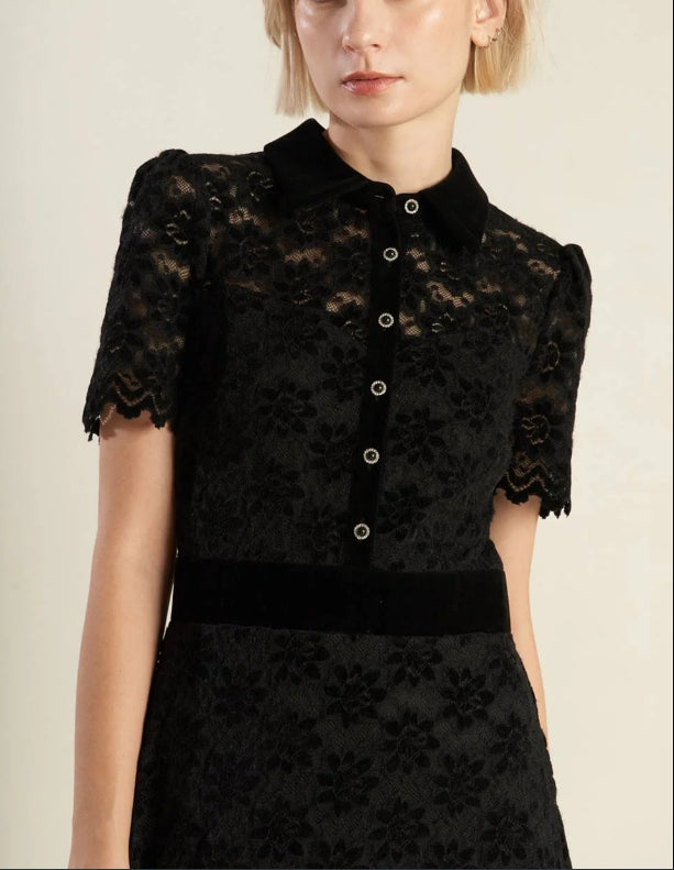 Evening Dress Lace Dress Featuring Shirt Collar Bodice Button Down Short Sleeve Back Zipper Closure Black Formal Dress