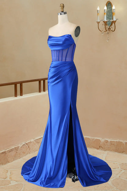 Prom Dress Sheath Satin Strapless Pleated  Long  with Slit