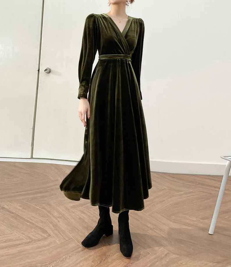 Formal Winter Long Wrap Long Sleeves Velvet Dress V Neck Bridesmaid Dress