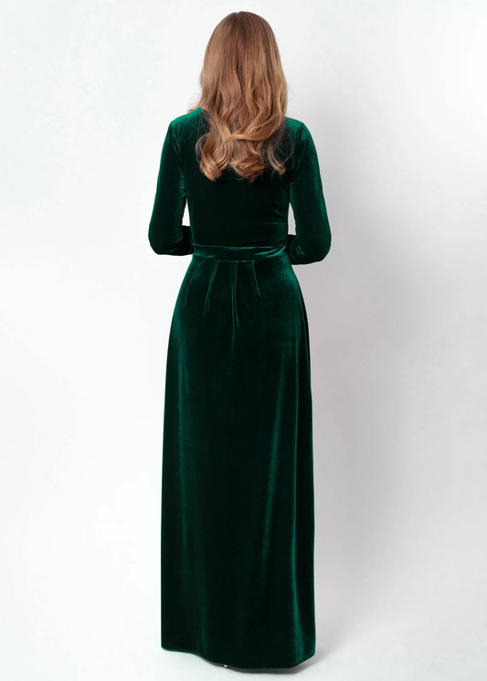 Autumn winter long sleeves wedding party dress deep v neck velvet elegant long dress Split fork bridesmaid dress