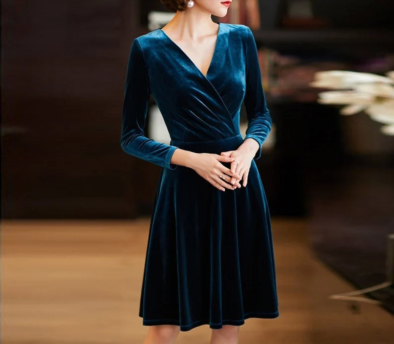 Autumn winter long sleeves velvet dress v neck knee length short dress velvet bridesmaid dress