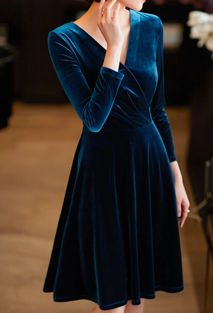 Autumn winter long sleeves velvet dress v neck knee length short dress velvet bridesmaid dress