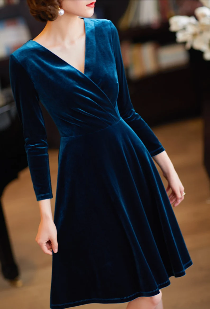 Autumn winter long sleeves velvet dress v neck knee length short dress velvet bridesmaid dress