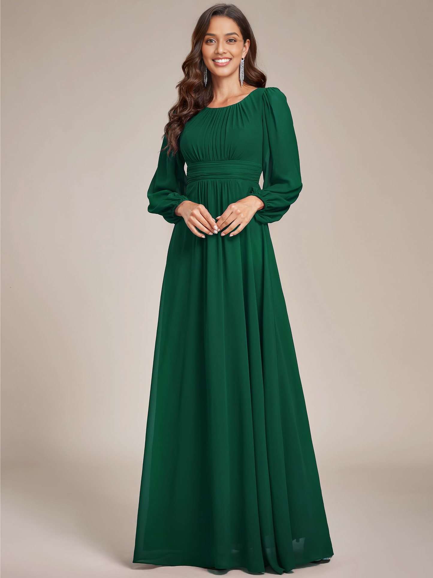 Mother of The Bride Dress Women's Crewneck Lantern Sleeves A-Line Pleated Chiffon Maxi Formal Dress Wedding Guest Dress