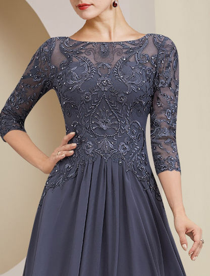 A-Line Mother of the Bride Dress Formal Elegant Scoop Neck Floor Length Tea Length Chiffon Lace Half Sleeve with Beading Appliques