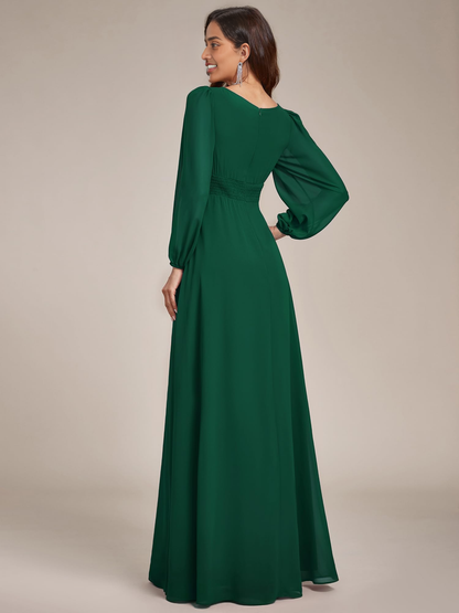 Mother of The Bride Dress Women's Crewneck Lantern Sleeves A-Line Pleated Chiffon Maxi Formal Dress Wedding Guest Dress