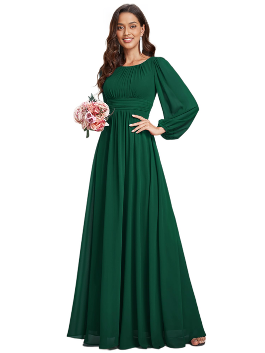 Mother of The Bride Dress Women's Crewneck Lantern Sleeves A-Line Pleated Chiffon Maxi Formal Dress Wedding Guest Dress