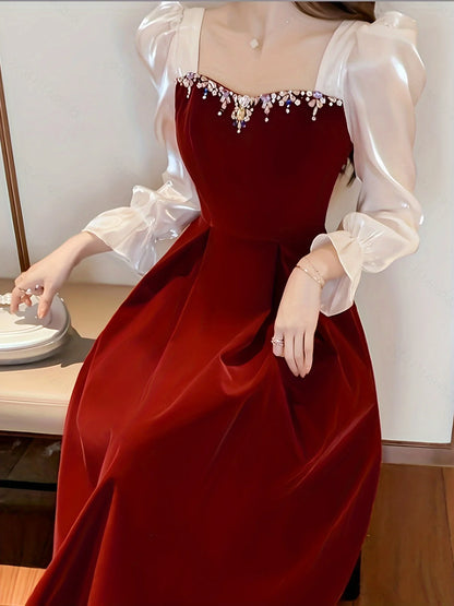 December Wedding Guest Dress Color Block Ruffle Trim Long Sleeves Dress  Bead string Sweet heart Neck Elegant Party Dress