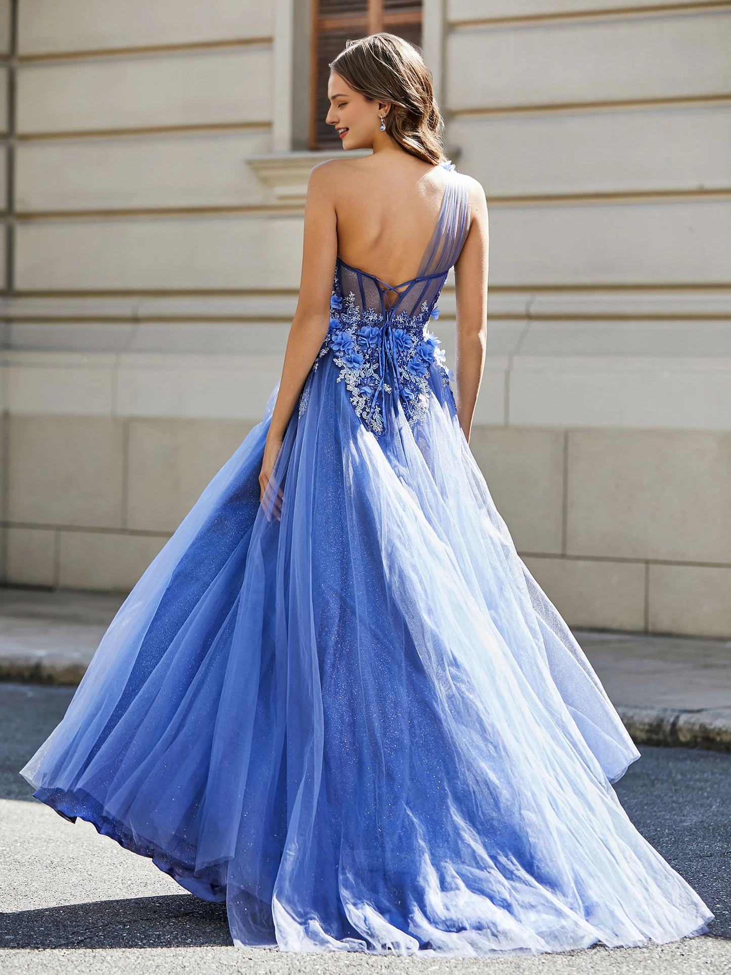 Prom Dress Flower Applique Bodice High Slit Tulle Dress